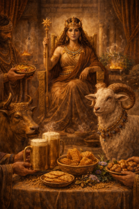 Le offerte rituali alla dea Nin-Harra immaginate da chatgpt.